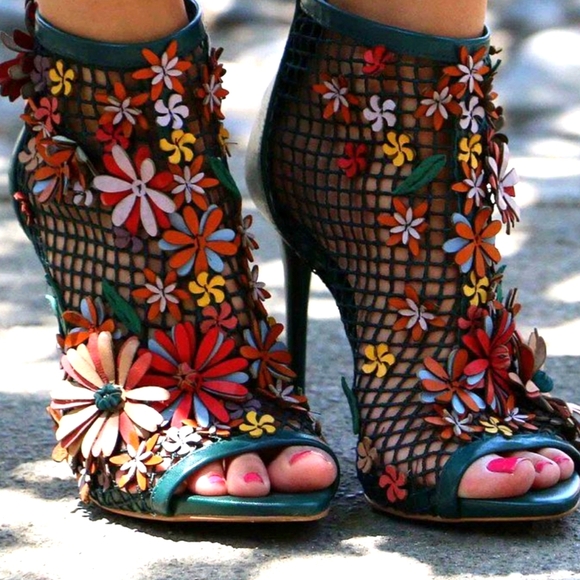 Zara Green Colorful Floral Mesh Heeled Bootie - Picture 2 of 11
